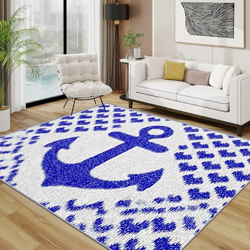 Anker Teppich 200x200 cm, Nautisch Coastal Waschbarer Teppiche Wohnzimmer, Meer rutschfest Antirutsch Groß Teppiche Für Esszimmer, Quadratisch, Blau Anker Teppich 200x200 cm, Nautisch Coastal Waschbarer Teppiche Wohnzimmer, Meer rutschfest Antirutsch Groß Teppiche Für Esszimmer, Quadratisch, Blau von TerroVee