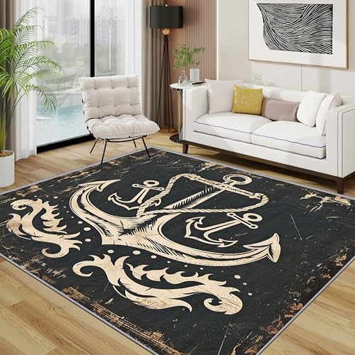 Anker Teppich Waschbar, Nautisch Vintage Distressed Teppich 80x150 cm, Meer Grunge rutschfest Waschbar Pflegeleicht Teppiche Für Schlafzimmer Küche, Beige Schwarz Anker Teppich Waschbar, Nautisch Vintage Distressed Teppich 80x150 cm, Meer Grunge rutschfest Waschbar Pflegeleicht Teppiche Für Schlafzimmer Küche, Beige Schwarz von TerroVee