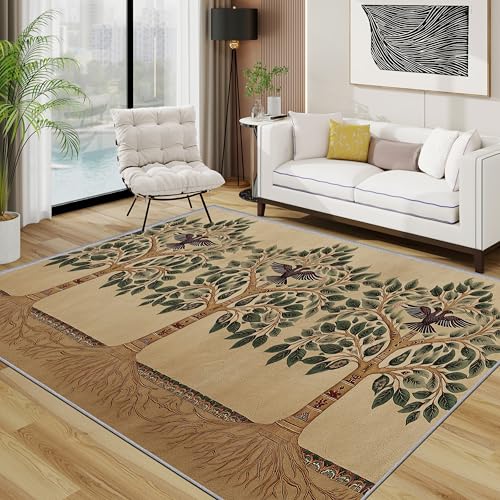 Baum des Lebens Waschbarer Teppich, Vogel Botanisch Orientalisch Traditionell Teppich 100x200 cm, Neutral Camel Kurzflor rutschfest Teppiche Für Schlafzimmer Wohnzimmer, Hellkamel von TerroVee