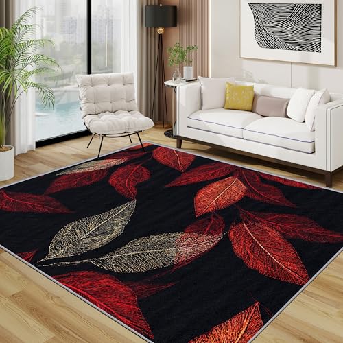 Blätter Teppich Wohnzimmer 200x300 cm,Herbst Rot Blatt Teppiche Waschbar Für Schlafzimmer,Natur Einfach Waschbar rutschfest Weich Groß Esszimmer, Schwarz Rot Blätter Teppich Wohnzimmer 200x300 cm,Herbst Rot Blatt Teppiche Waschbar Für Schlafzimmer,Natur Einfach Waschbar rutschfest Weich Groß Esszimmer, Schwarz Rot von TerroVee