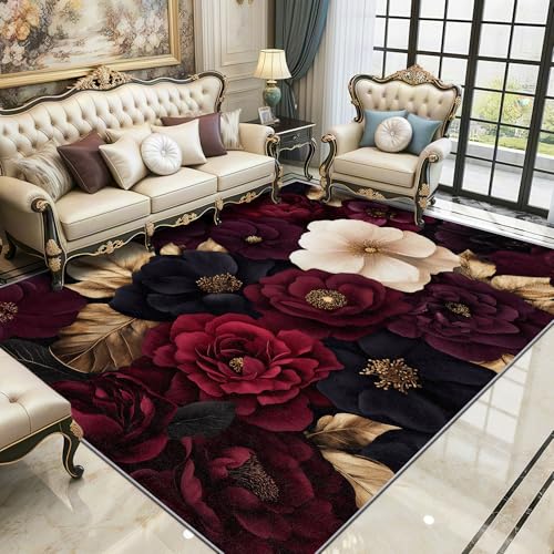 Blumen Teppich, Vintage Luxus Burgunderrot Blumig Teppich Eingang, Royal Botanisch Kurzflor Waschbar Antirutsch Klein Teppiche, 50x80 cm, Burgunder Dunkelviolett von TerroVee