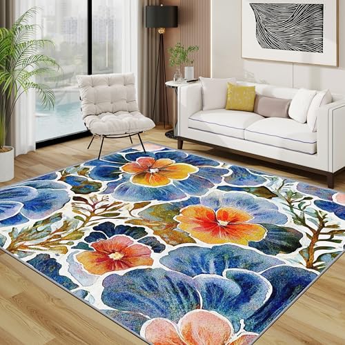 Blumen Teppich 200x200 cm, Blau Orange Aquarell Blumig Waschbarer Teppiche Wohnzimmer, Botanisch Künstler rutschfest Antirutsch Groß Teppiche Für Esszimmer, Quadratisch, Blau Orange Blumen Teppich 200x200 cm, Blau Orange Aquarell Blumig Waschbarer Teppiche Wohnzimmer, Botanisch Künstler rutschfest Antirutsch Groß Teppiche Für Esszimmer, Quadratisch, Blau Orange von TerroVee