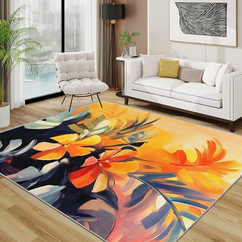 Blumen Teppich Schlafzimmer, Tropisch Bunt Floral Teppich 120x170 cm, Modern Abstrakt Kunst Waschbar Kurzflor Antirutsch Teppiche Für Wohnzimmer Schlafzimmer, Orange von TerroVee