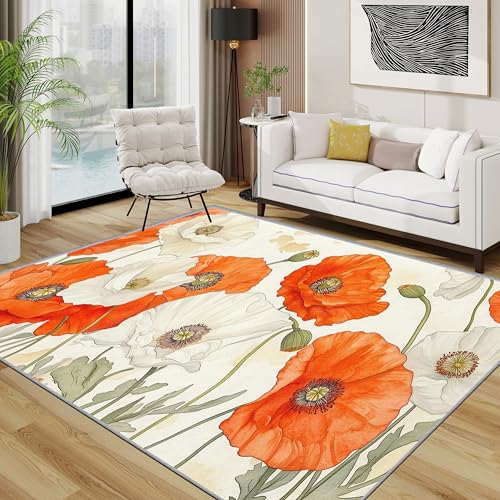 Blumen Teppich Wohnzimmer 160x230 cm, Mohnblumen Botanisch Teppiche, Weiß Orange Waschbar Kurzflor Groß Teppiche Für Schlafzimmer Kinderzimmer, Orange Weiß Blumen Teppich Wohnzimmer 160x230 cm, Mohnblumen Botanisch Teppiche, Weiß Orange Waschbar Kurzflor Groß Teppiche Für Schlafzimmer Kinderzimmer, Orange Weiß von TerroVee