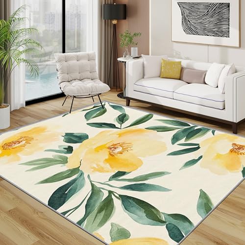 Blumen Teppich Wohnzimmer 200x300 cm,Geblümt Gelb Frühling Sommer Teppiche Waschbar Für Schlafzimmer,Helle Farbe Waschbar rutschfest Weich Groß Esszimmer, Gelb Grün von TerroVee