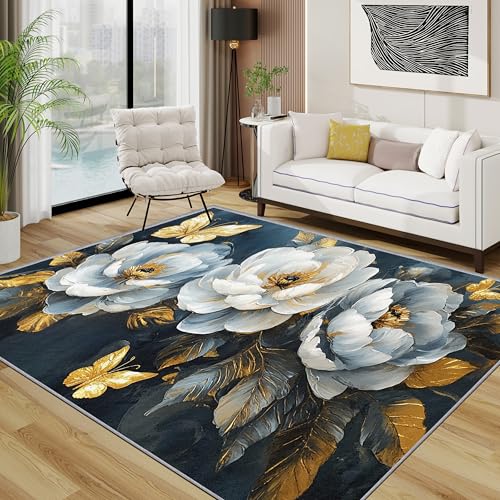 Blumen Teppich Wohnzimmer 200x300 cm,Luxus Blumig Schmetterling Teppiche Waschbar Für Schlafzimmer,Modern Botanisch Waschbar rutschfest Weich Groß Esszimmer, Gold Blau von TerroVee
