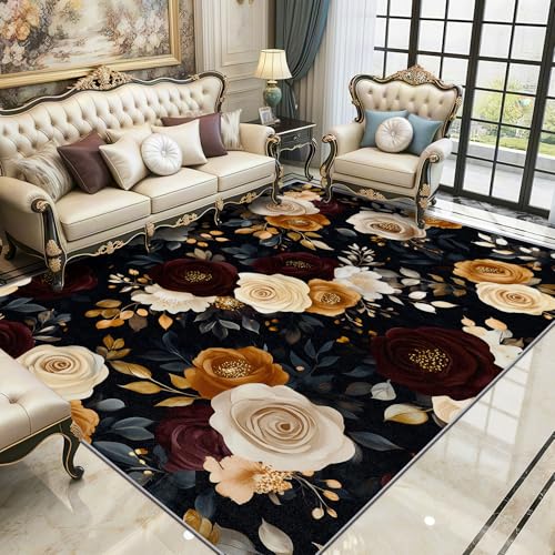 Blumen Teppich Wohnzimmer 200x300 cm,Luxus Vintage Rose Blumig Teppiche Waschbar Für Schlafzimmer,Bohemian Botanisch Waschbar rutschfest Weich Groß Esszimmer, Burgunder Creme von TerroVee