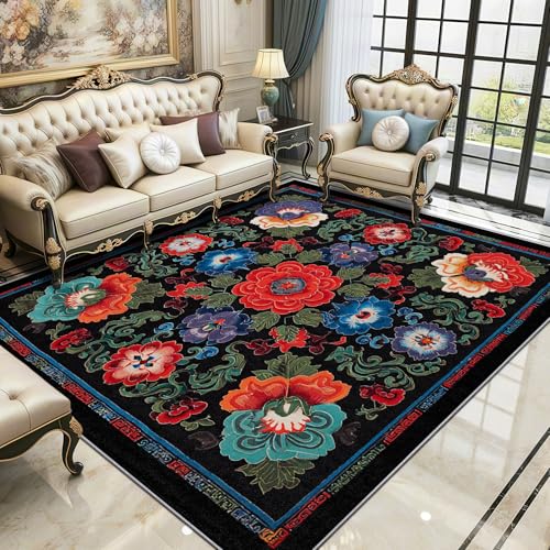 Blumen Teppich Wohnzimmer 200x300 cm,Orientalisch Traditionell Blumen Teppiche Waschbar Für Schlafzimmer,Chinesisch Pfingstrosen Waschbar rutschfest Weich Groß Esszimmer, Rot Blau Grün von TerroVee