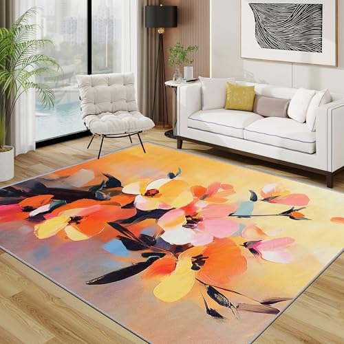 Blumen Waschbarer Teppich, Abstrakt Bunt Floral Teppich 100x200 cm, Farbverlauf Kurzflor rutschfest Teppiche Für Schlafzimmer Wohnzimmer, Orange Rosa von TerroVee