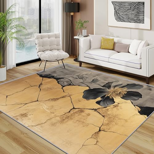 Blumig Teppich Wohnzimmer 160x230 cm, Schwarz Blumen Vintage Teppiche, Künstlerisch Waschbar Kurzflor Groß Teppiche Für Schlafzimmer Kinderzimmer, Grau Gold von TerroVee