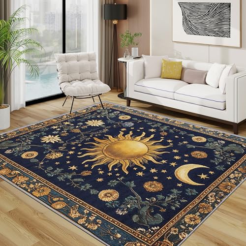 Celestial Teppich Schlafzimmer, Sonne Mystisch Vintage Teppich 120x170 cm, Botanisch Fantasy Waschbar Kurzflor Antirutsch Teppiche Für Wohnzimmer Schlafzimmer, Blau Gold Celestial Teppich Schlafzimmer, Sonne Mystisch Vintage Teppich 120x170 cm, Botanisch Fantasy Waschbar Kurzflor Antirutsch Teppiche Für Wohnzimmer Schlafzimmer, Blau Gold von TerroVee