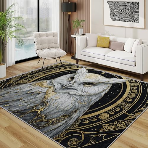Eule Teppich, Gothic Vintage Vogel Kleiner Teppich, Goth Mystisch Tiere Waschbar Kurzflor Weich Teppiche Eingangsbereich Innen Küche, 60x90 cm, Grau Schwarz Gold von TerroVee