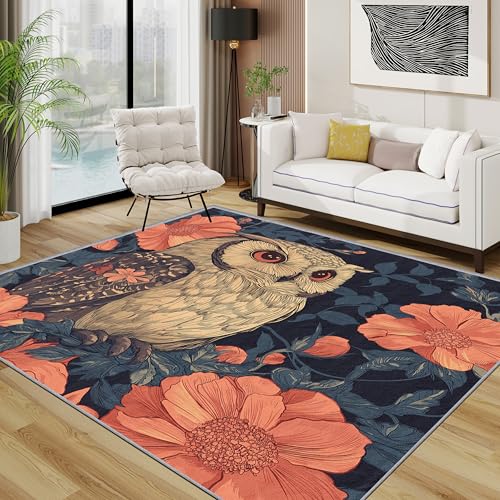 Eule Teppich 200x200 cm, Süß Vogel Blumen Waschbarer Teppiche Wohnzimmer, Vintage Botanisch rutschfest Antirutsch Groß Teppiche Für Esszimmer, Quadratisch, Orange Braun von TerroVee