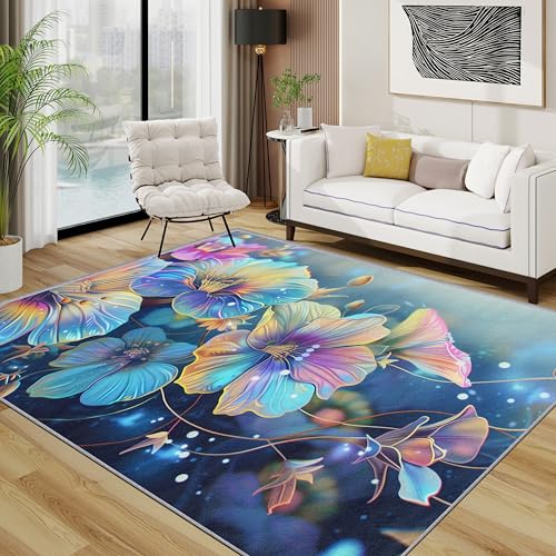 Floral Teppich Schlafzimmer, Fantasy Blumen Künstler Teppich 120x170 cm, Botanisch Waschbar Kurzflor Antirutsch Teppiche Für Wohnzimmer Schlafzimmer, Violett Türkis von TerroVee