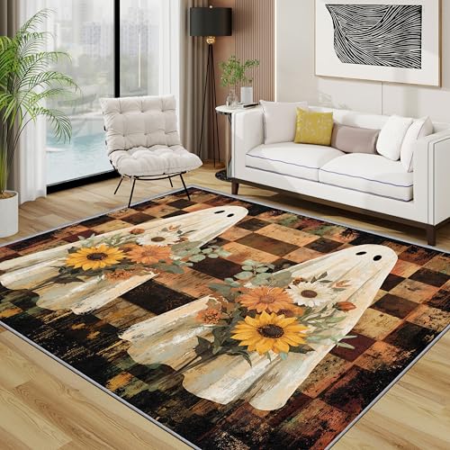 Geist Teppich, Halloween Schachbrett Kleiner Teppich, Bauernhaus Distressed Waschbar Kurzflor Weich Teppiche Eingangsbereich Innen Küche, 60x90 cm, Braun Gelb Weiß Geist Teppich, Halloween Schachbrett Kleiner Teppich, Bauernhaus Distressed Waschbar Kurzflor Weich Teppiche Eingangsbereich Innen Küche, 60x90 cm, Braun Gelb Weiß von TerroVee