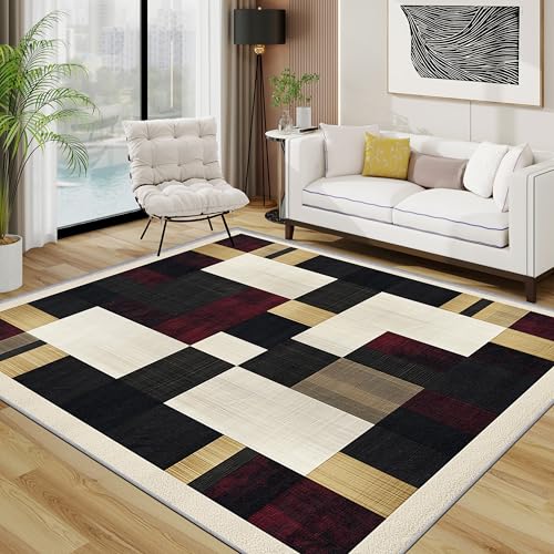 Geometrisch Teppich, Moderne Patchwork Teppiche rutschfest Waschbar Weich, Schwarz Beige Burgunderrot Wohnzimmerteppich Schlafzimmer Jugendzimmer, 120x180 cm, Weiß Gelb Schwarz von TerroVee
