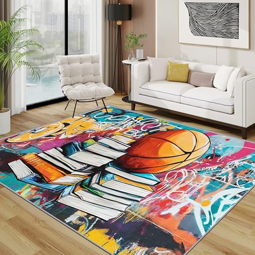 Graffiti Teppich Wohnzimmer 160x230 cm, Bunt Basketball Buch Teppiche, Jugendliche Jungen Pop Art Waschbar Kurzflor Groß Teppiche Für Schlafzimmer Kinderzimmer, Weiß Orange von TerroVee