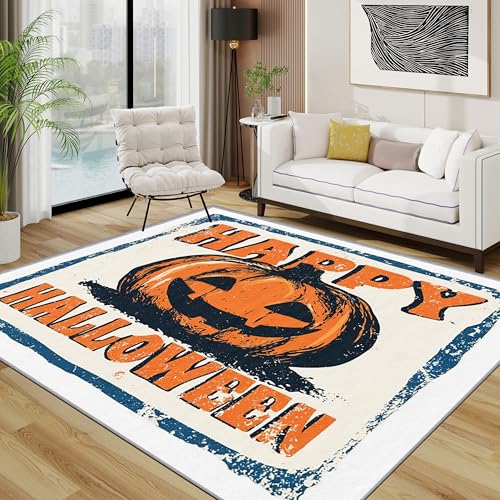 Happy Halloween Teppich Wohnzimmer 160x230 cm, Distressed Kürbis Teppiche, Jack-O'-Lantern Waschbar Kurzflor Groß Teppiche Für Schlafzimmer Kinderzimmer, Weiß Orange Blau von TerroVee