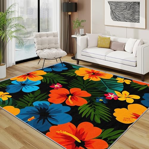 Hibiskus Teppich, Bunt Blumen Teppiche rutschfest Waschbar Weich, Floral Wohnzimmerteppich Schlafzimmer Jugendzimmer, 120x180 cm, Orange Blau Rot von TerroVee