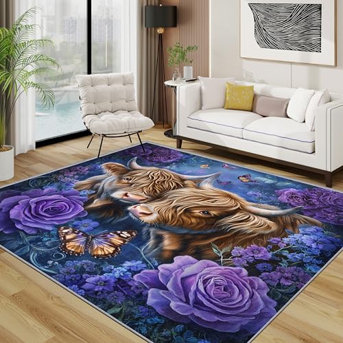 Hochlandrind Teppich, Rosen Blumen Bauernhoftiere Teppiche rutschfest Waschbar Weich, Bauernhaus Tiere Wohnzimmerteppich Schlafzimmer Jugendzimmer, 120x180 cm, Lila Braun von TerroVee
