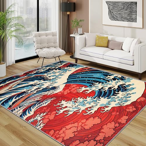 Japanische Wellen Teppich Wohnzimmer 160x230 cm, Große Welle vor Kanagawa Teppiche, Meer Wellen Waschbar Kurzflor Groß Teppiche Für Schlafzimmer Kinderzimmer, Blau Rot Japanische Wellen Teppich Wohnzimmer 160x230 cm, Große Welle vor Kanagawa Teppiche, Meer Wellen Waschbar Kurzflor Groß Teppiche Für Schlafzimmer Kinderzimmer, Blau Rot von TerroVee