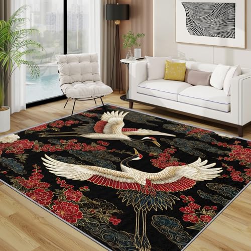 Kranich Teppich Wohnzimmer 200x300 cm,Japanisch Chinesisch Vogel Teppiche Waschbar Für Schlafzimmer,Orientalisch Traditionell Waschbar rutschfest Weich Groß Esszimmer, Weiß Rot Schwarz Kranich Teppich Wohnzimmer 200x300 cm,Japanisch Chinesisch Vogel Teppiche Waschbar Für Schlafzimmer,Orientalisch Traditionell Waschbar rutschfest Weich Groß Esszimmer, Weiß Rot Schwarz von TerroVee