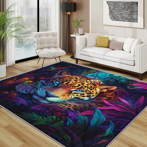 Leopard Teppich, Tropisch Dschungel Jaguar Tiere Kleiner Teppich, Regenwald Wildlife Waschbar Kurzflor Weich Teppiche Eingangsbereich Innen Küche, 60x90 cm, Violett Gold von TerroVee
