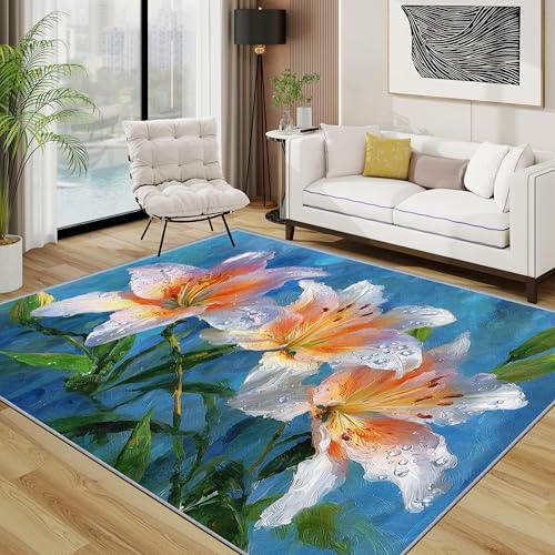 Lilien Teppich Wohnzimmer 160x230 cm, Blumen Oil-Painting Floral Teppiche, Künstler Waschbar Kurzflor Groß Teppiche Für Schlafzimmer Kinderzimmer, Grün Weiß Blau Lilien Teppich Wohnzimmer 160x230 cm, Blumen Oil-Painting Floral Teppiche, Künstler Waschbar Kurzflor Groß Teppiche Für Schlafzimmer Kinderzimmer, Grün Weiß Blau von TerroVee