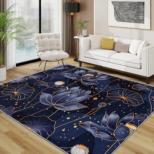 Lotus Teppich Wohnzimmer 160x230 cm, Blumen Teppiche, Dunkelblau Blumig Waschbar Kurzflor Groß Teppiche Für Schlafzimmer Kinderzimmer, Nachtblau von TerroVee
