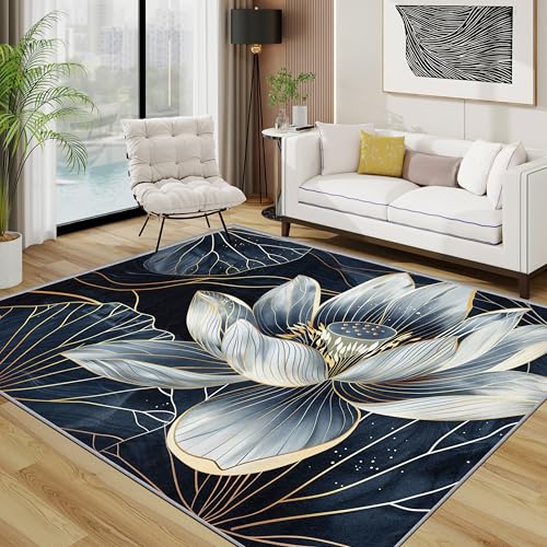 Lotusblume Teppich, Minimalistisch Luxus Blumen Kleiner Teppich, Grau Blau Waschbar Kurzflor Weich Teppiche Eingangsbereich Innen Küche, 60x90 cm, Gold Dunkelblau von TerroVee