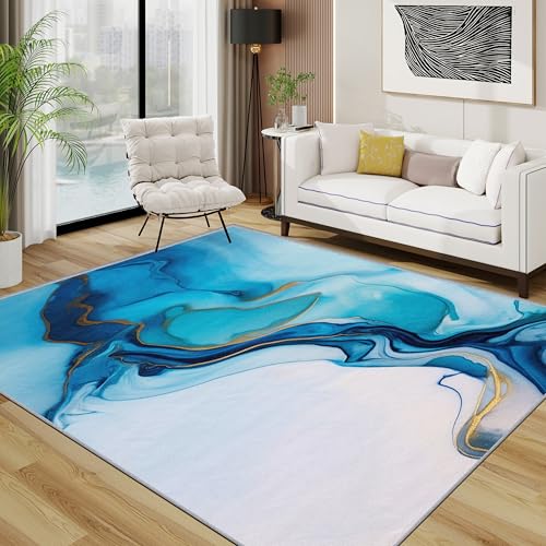 Marmor Teppich Wohnzimmer 200x300 cm,Blau Abstrakt Einfach Luxus Teppiche Waschbar Für Schlafzimmer,Modern Minimalistisch Waschbar rutschfest Weich Groß Esszimmer, Blau Weiß Gold von TerroVee