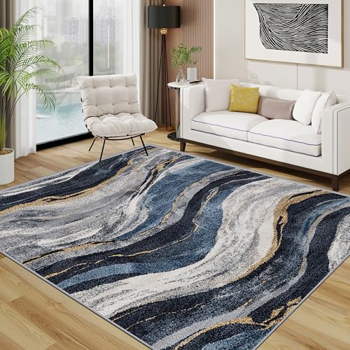 Marmor Teppich Wohnzimmer 200x300 cm,Modern Kunst Textur Teppiche Waschbar Für Schlafzimmer,Modern Luxus Blau Grau Gold Waschbar rutschfest Weich Groß Esszimmer, Blau Grau Gold von TerroVee