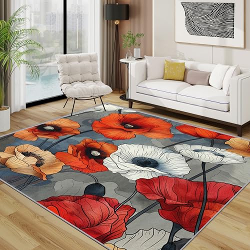 Mohnblumen Teppich Wohnzimmer 160x230 cm, Hell Mehrfarbig Blumen Teppiche, Modern Botanisch Künstler Waschbar Kurzflor Groß Teppiche Für Schlafzimmer Kinderzimmer, Orange Rot Weiß von TerroVee