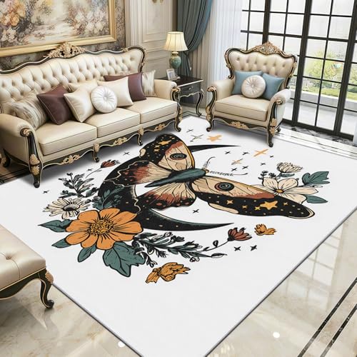 Motten Teppich, Mond Blumen Insekt Teppiche rutschfest Waschbar Weich, Boho Vintage Schmetterling Weiß Wohnzimmerteppich Schlafzimmer Jugendzimmer, 120x180 cm, Weiß Schwarz von TerroVee