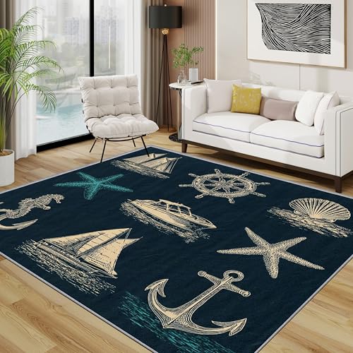 Nautisch Teppich, Coastal Meer Teppiche rutschfest Waschbar Weich, Anker Segelboot Seestern Wohnzimmerteppich Schlafzimmer Jugendzimmer, 120x180 cm, Marineblau Beige von TerroVee