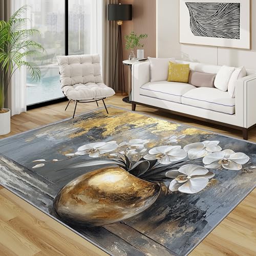 Orchidee Teppich Wohnzimmer 200x300 cm,Geblümt Grau Gold Teppiche Waschbar Für Schlafzimmer,Luxus Blumig Distressed Waschbar rutschfest Weich Groß Esszimmer, Gold Grau von TerroVee