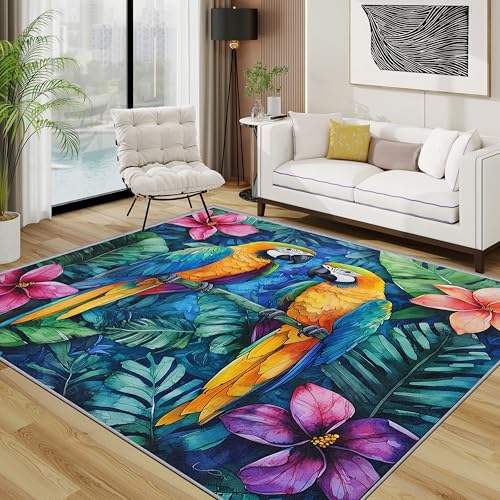 Papagei Teppich 140x200 cm, Tropisch Regenwald Teppich Wohnzimmer, Bunt Dschungel Vögel Kurzflor rutschfest Pflegeleicht Teppiche Für Jugendzimmer Schlafzimmer, Blau Rosa Gelb von TerroVee