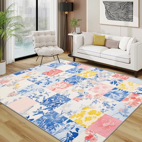Patchwork Waschbarer Teppich, Pastellfarben Blumenmuster Teppich 100x200 cm, Bunt Pastellfarben Botanisch Kurzflor rutschfest Teppiche Für Schlafzimmer Wohnzimmer, Blau Gelb Rosa Patchwork Waschbarer Teppich, Pastellfarben Blumenmuster Teppich 100x200 cm, Bunt Pastellfarben Botanisch Kurzflor rutschfest Teppiche Für Schlafzimmer Wohnzimmer, Blau Gelb Rosa von TerroVee