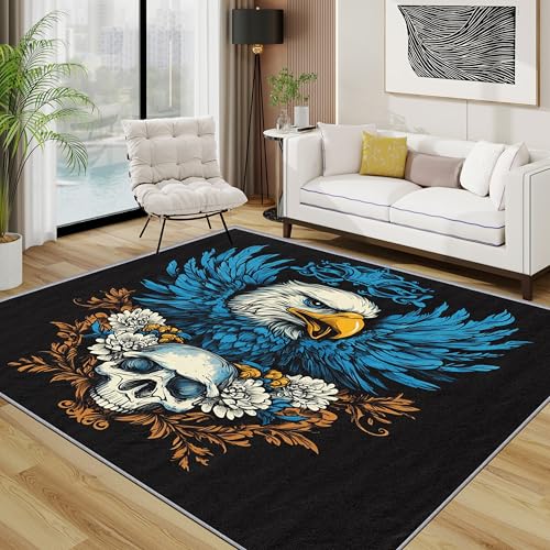 TerroVee Adler Teppich Wohnzimmer 200x300 cm,Gothic Totenkopf Vogel Teppiche Waschbar Für Schlafzimmer,Goth Vintage Waschbar rutschfest Weich Groß Esszimmer, Schwarz Blau Weiß von TerroVee