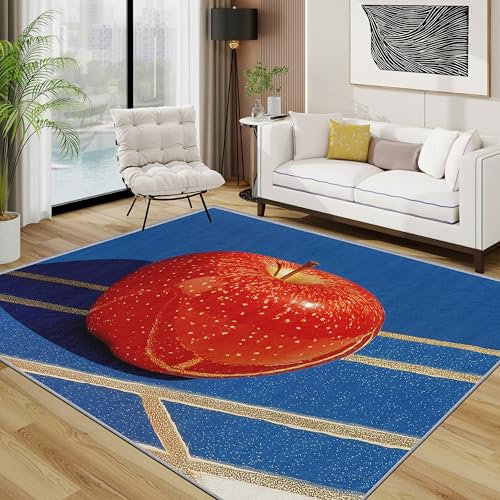 TerroVee Apfel Teppich Wohnzimmer 160x230 cm, Rot Frucht Küche Teppiche, Modern Pop Art Waschbar Kurzflor Groß Teppiche Für Schlafzimmer Kinderzimmer, Blau Rot Gold von TerroVee