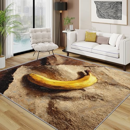 TerroVee Banane Teppich 200x200 cm, Gelb Frucht Waschbarer Teppiche Wohnzimmer, Früchte Künstler rutschfest Antirutsch Groß Teppiche Für Esszimmer, Quadratisch, Gelb Braun von TerroVee