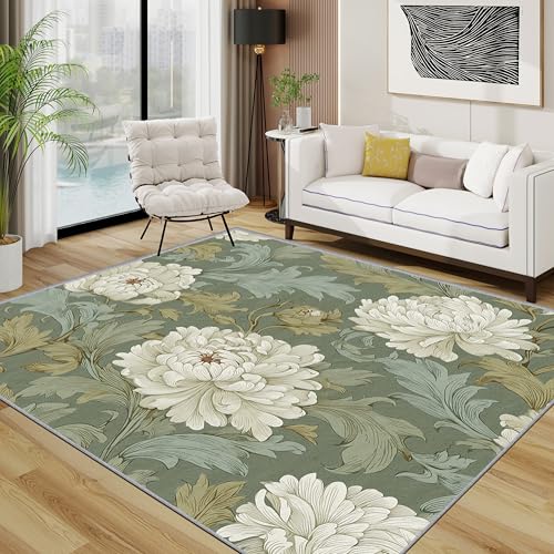 TerroVee Blumen Teppich, Natürlich Botanisch Teppiche rutschfest Waschbar Weich, William Morris Blüten Wohnzimmerteppich Schlafzimmer Jugendzimmer, 120x180 cm, Olivgrün Weiß von TerroVee