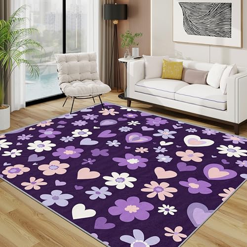 TerroVee Blumen Teppich 140x200 cm, Lila Blumenmuster Teppich Wohnzimmer, Süß Herz Kurzflor rutschfest Pflegeleicht Teppiche Für Jugendzimmer Schlafzimmer, Violett TerroVee Blumen Teppich 140x200 cm, Lila Blumenmuster Teppich Wohnzimmer, Süß Herz Kurzflor rutschfest Pflegeleicht Teppiche Für Jugendzimmer Schlafzimmer, Violett von TerroVee
