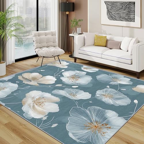 TerroVee Blumen Teppich Schlafzimmer, Aquarell Floral Teppich 120x170 cm, Modern Minimalistisch Waschbar Kurzflor Antirutsch Teppiche Für Wohnzimmer Schlafzimmer, Blau von TerroVee