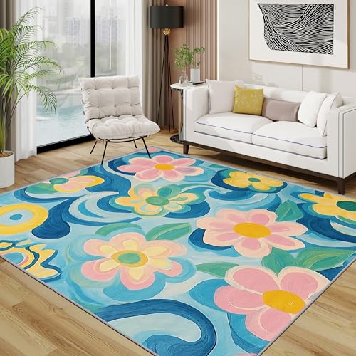 TerroVee Blumen Teppich Wohnzimmer 160x230 cm, Bunt Blumenmuster Teppiche, Modern Abstrakt Pop Art Waschbar Kurzflor Groß Teppiche Für Schlafzimmer Kinderzimmer, Rosa Blau Grün von TerroVee