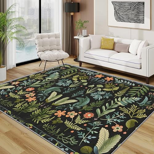 TerroVee Botanisch Teppich, Grün Pflanzen Blatt Teppiche rutschfest Waschbar Weich, Wildblumen Blätter Wohnzimmerteppich Schlafzimmer Jugendzimmer, 120x180 cm, Grün von TerroVee