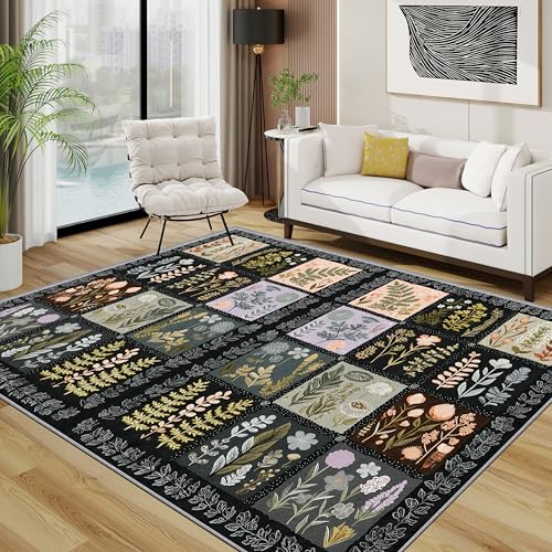 TerroVee Botanisch Teppich 140x200 cm, Pflanzen Patchwork Teppich Wohnzimmer, Wildblumen Blätter Vintage Kurzflor rutschfest Pflegeleicht Teppiche Für Jugendzimmer Schlafzimmer, Schwarzgrün Violett von TerroVee
