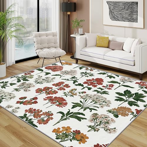 TerroVee Botanisch Teppich Wohnzimmer 200x300 cm,Vintage Country Floral Teppiche Waschbar Für Schlafzimmer,Garten Wildblumen Waschbar rutschfest Weich Groß Esszimmer, Rot Orange Weiß von TerroVee