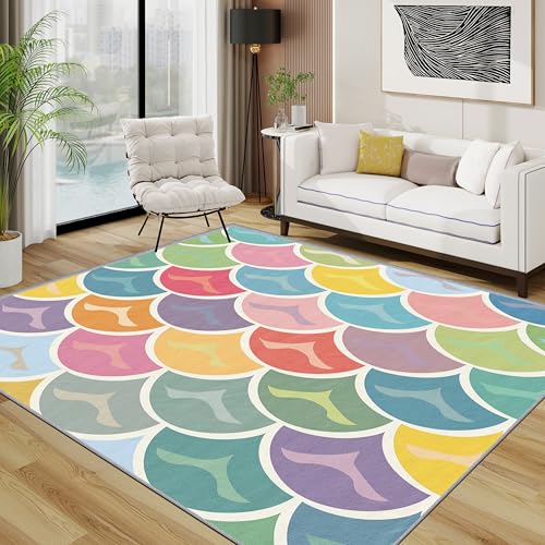 TerroVee Bunt Teppich Wohnzimmer 200x300 cm,Meerjungfrau Mädchen Teppiche Waschbar Für Schlafzimmer,Regenbogen Kinderzimmer Waschbar rutschfest Weich Groß Esszimmer, Lila Gelb Rosa von TerroVee