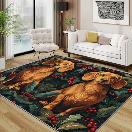 TerroVee Dackel Teppich Waschbar, Süß Hund Schweinchen Teppich 80x150 cm, Welpe Weihnachtsdeko rutschfest Waschbar Pflegeleicht Teppiche Für Schlafzimmer Küche, Braun Grün Rot von TerroVee
